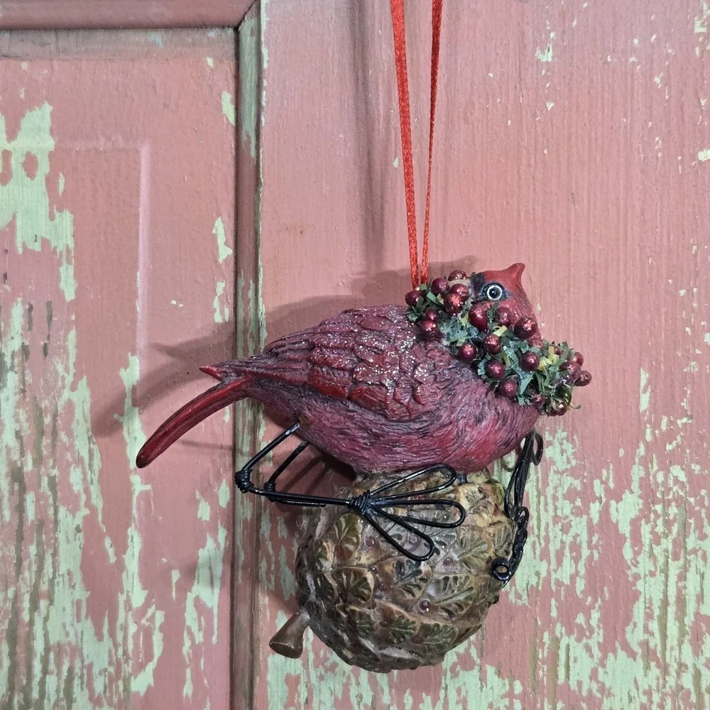 Christmas Cardinal Hanging Ornament ‎ Pinecone Wreath Ribbon Bird Holiday Decor